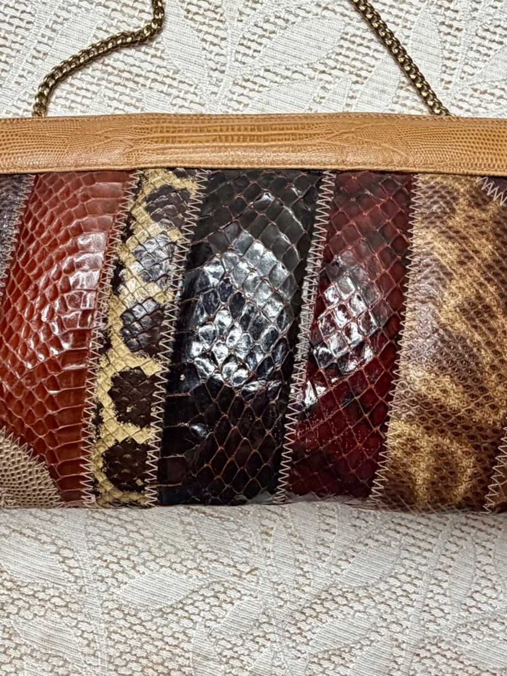 Bags by Supreme Vibtage Patchwork Snake-Embossed Crossbody Clutch - Tan & Brown - Picture 2 of 8